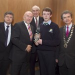 Kevan Furbank, member of the judging committee; Minister for Education, Ruairi Quinn, TD; Matt Dempsey, Chairman NNI; Connell McHugh, Athlone Community College, Co Westmeath, 1st place Comment & Opinion category; Martin Sisk, President, Irish League of Credit Unions