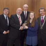 Kevan Furbank, member of the judging committee; Minister for Education, Ruairi Quinn, TD; Matt Dempsey, Chairman NNI; Ellen Ni Ghrainne, 2nd place, Comment & Opinion category; Martin Sisk, President, Irish League of Credit Unions