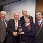 Ray McManus, President of the Photographers Association of Ireland; Minister for Education, Ruairi Quinn, TD; Matt Dempsey, Chairman NNI; Kinga Strama, St. Mary's Colege, Arklow, Co. Wicklow, 1st place Photojournalism category; Martin Sisk, President, Irish League of Credit Unions