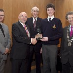 Pictured: Cathal Dervan, member of the judging committee; Minister for Education, Ruairi Quinn, TD; Matt Dempsey, Chairman NNI; Mark Bergin, Rockwell College, Cashel, Co. Tipperary, 2nd place Sport category; Martin Sisk, President, Irish League of Credit Unions