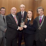 Pictured: Cathal Dervan, member of the judging committee; Minister for Education, Ruairi Quinn, TD; Matt Dempsey, Chairman NNI; Niamh Hetherington, Dunshaughlin Community College, Co Meath, 1st place Sport category; Martin Sisk, President, Irish League of Credit Unions